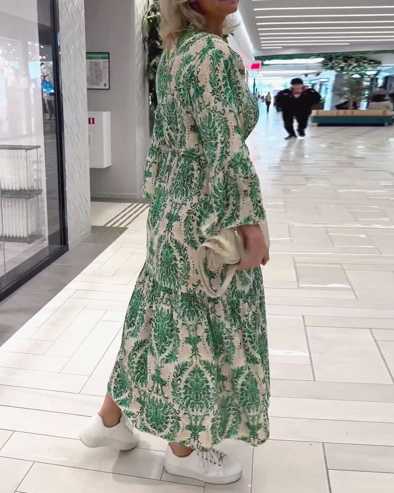 Printed bell sleeve drawstring dress