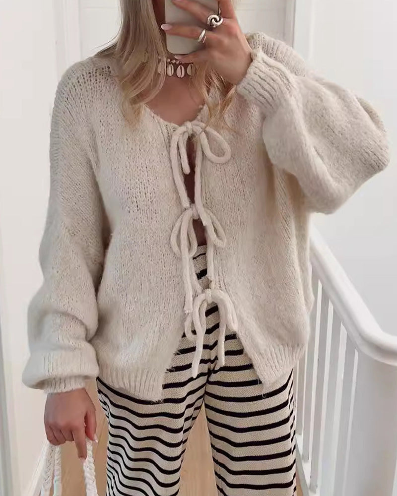 Lazy style solid color lace-up cardigan