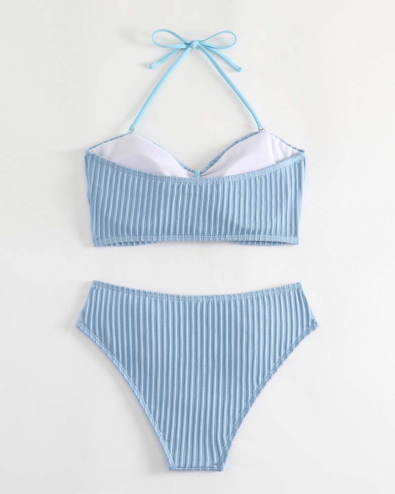 Halter Solid Color Striped Swimsuit