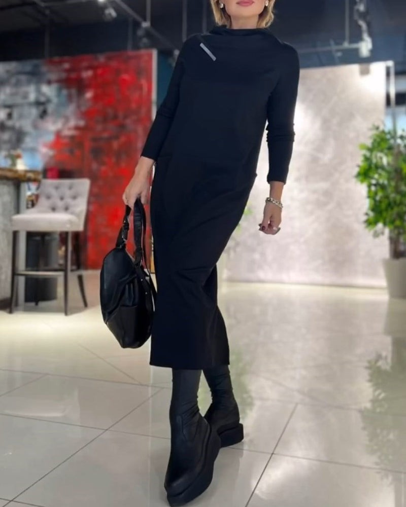 Solid Color Crew Neck Dress with Pocket