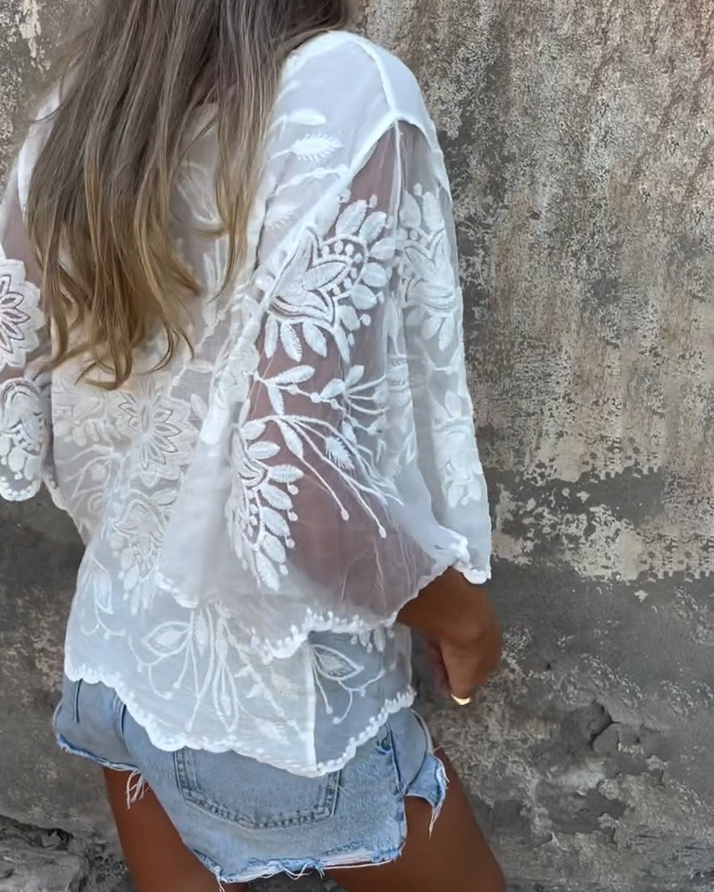 Butterfly Sleeve Round Neck Embroidered Blouse