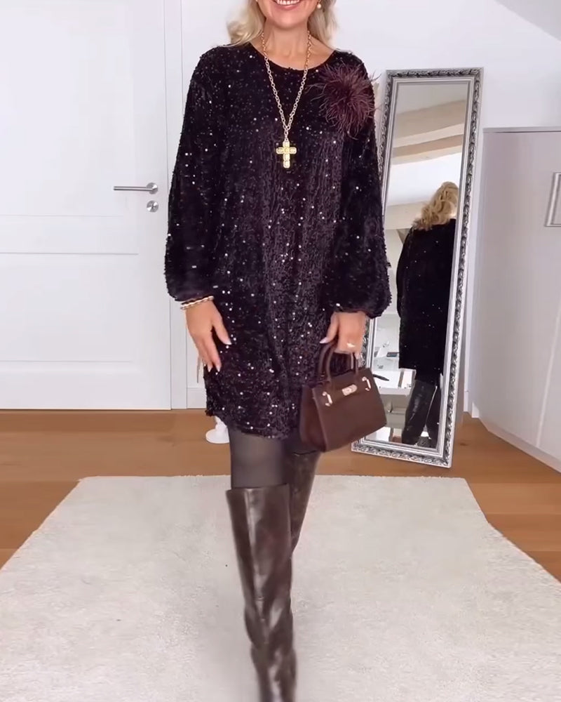 Lantern Sleeve Loose Sequined Dress