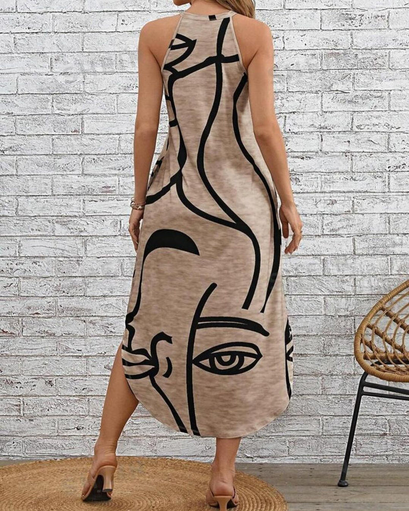 Sleeveless elegant dress with face print