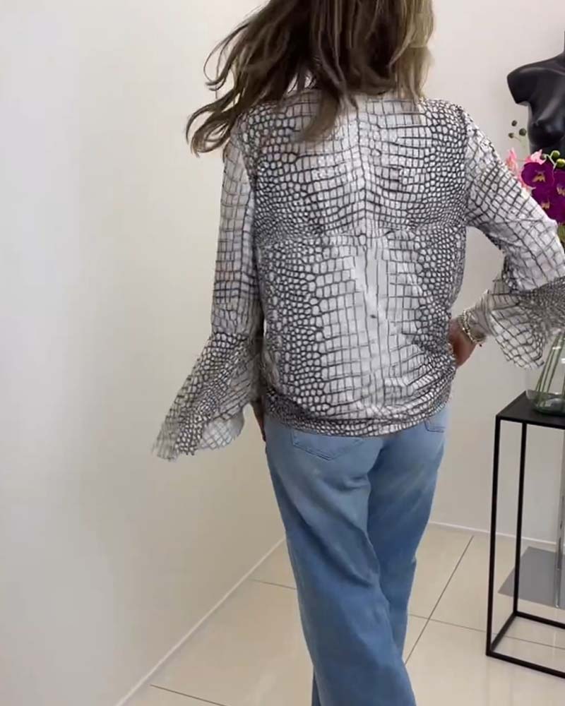 Patterned lanyard long-sleeved blouse