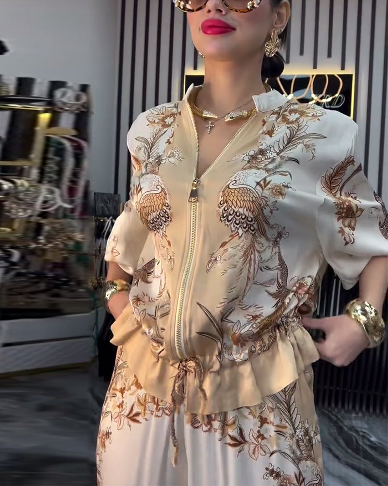 Temperament Stand Collar Zipper Wide Leg Suit