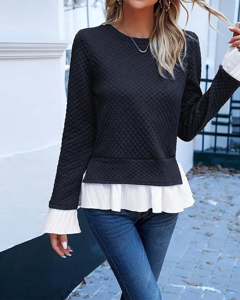 Lace Contrast Crew Neck Top