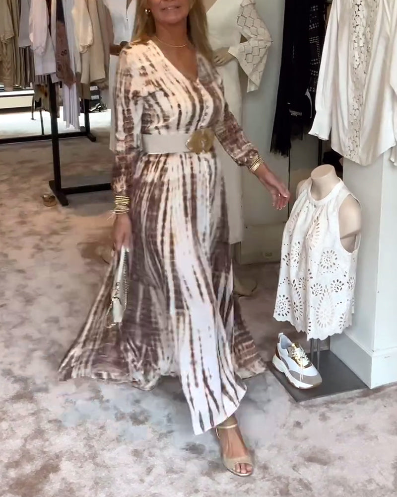 Printed long-sleeve V-neck slit waist dress