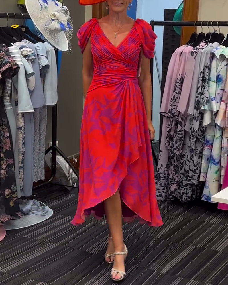 Pleated slit printed dress