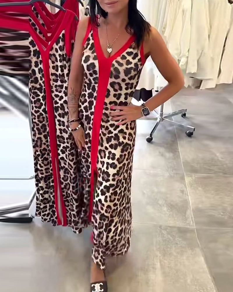 Sleeveless Elegant Leopard Print Contrast Dress