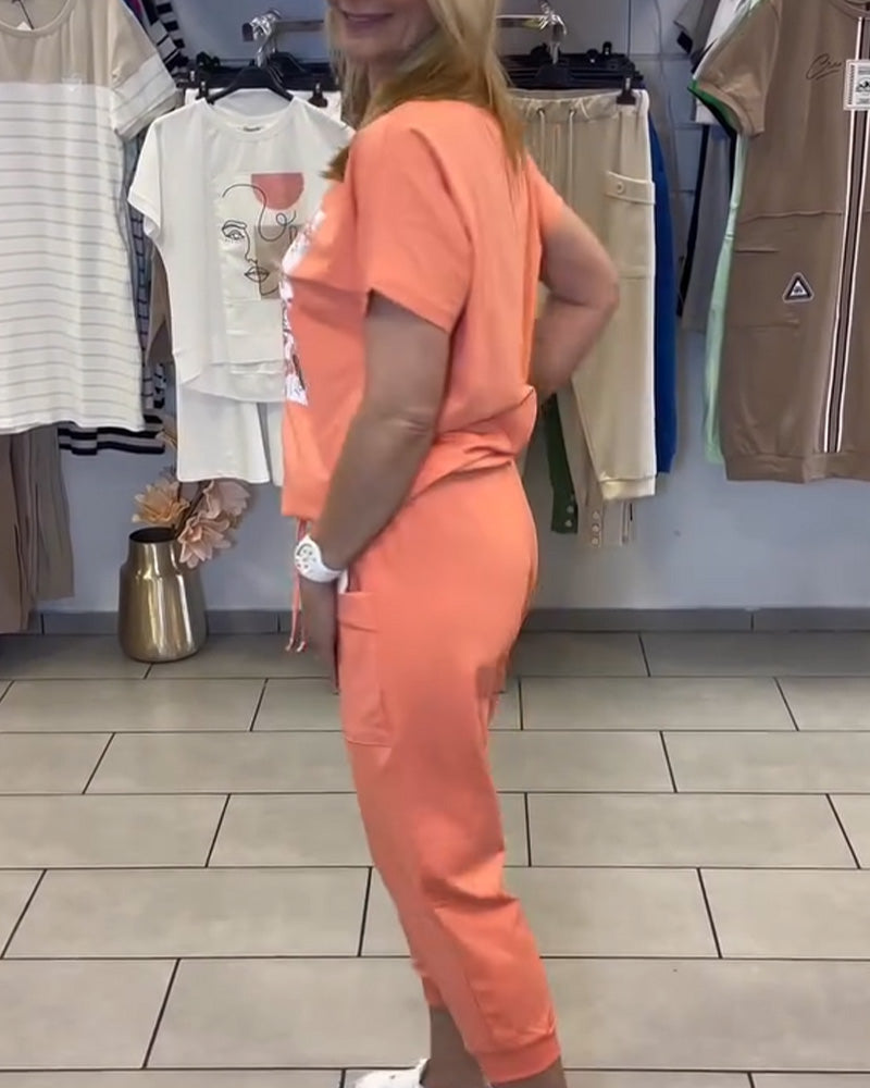 Casual Printed Cropped Pants Set