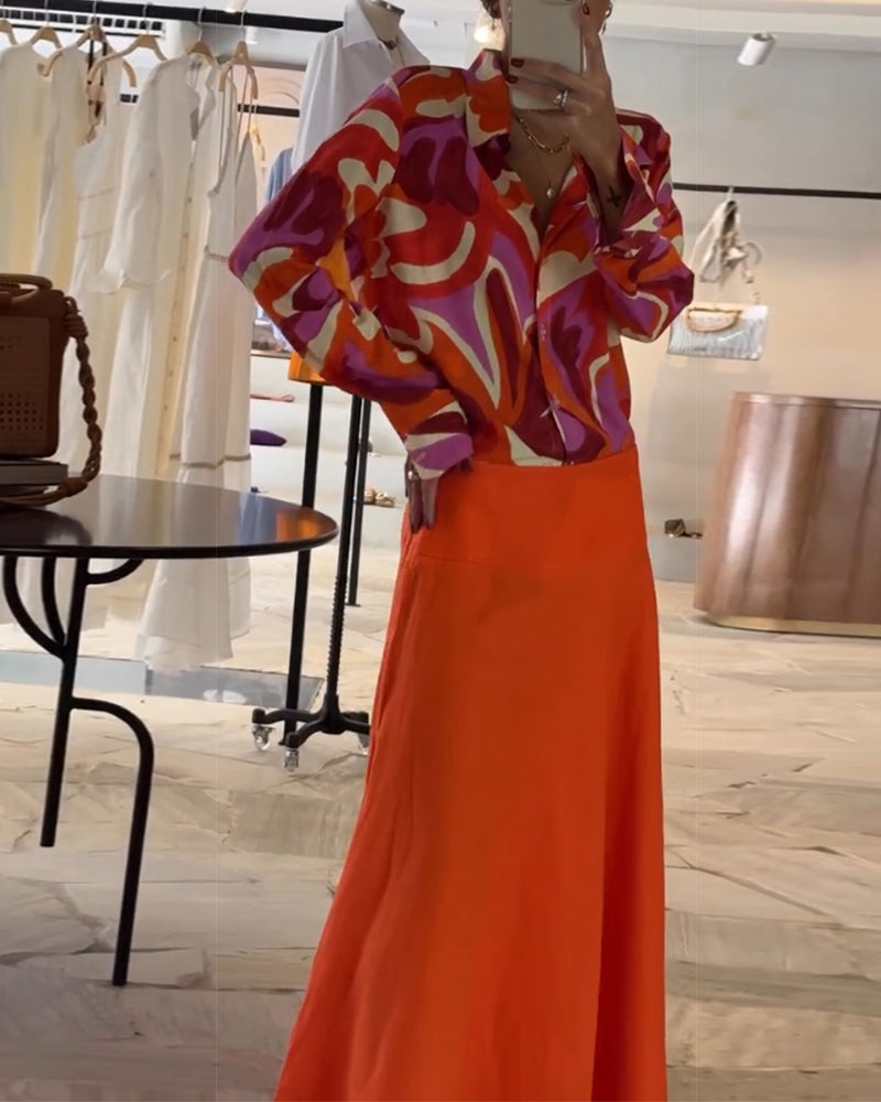 Lapel Colorful Printed Blouse with Buttons