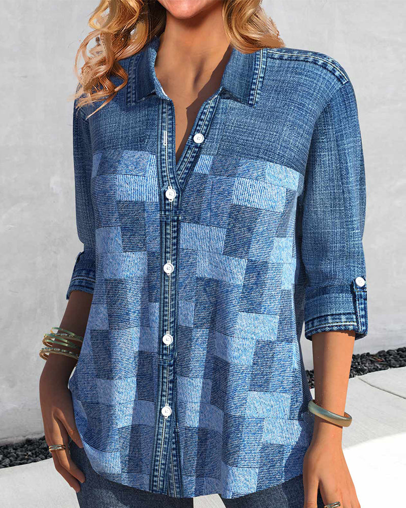 Denim-effect Print Long Sleeve Blouse