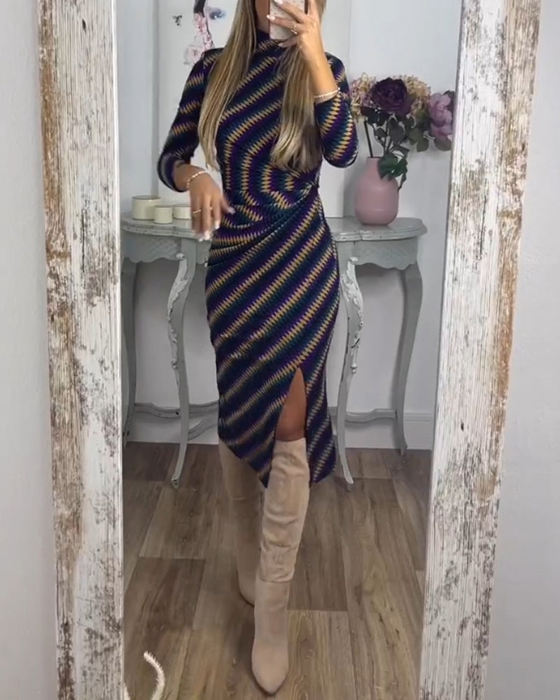 Sexy Dress with Striped and High Neck