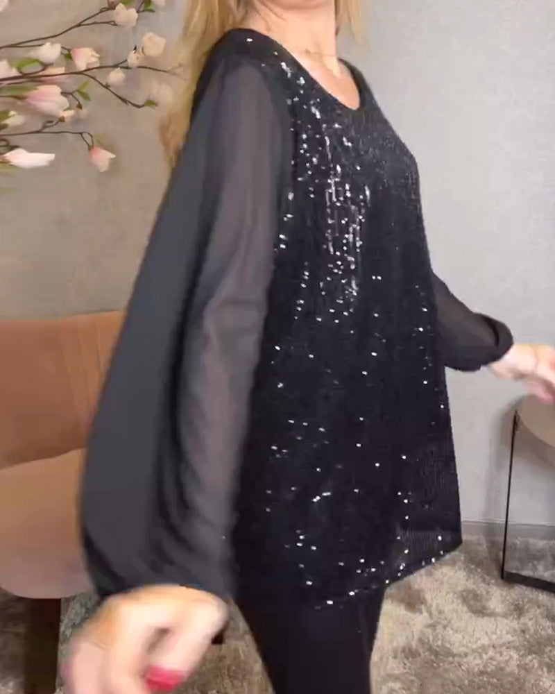 Round Neck Long Sleeve Sequin Shirt