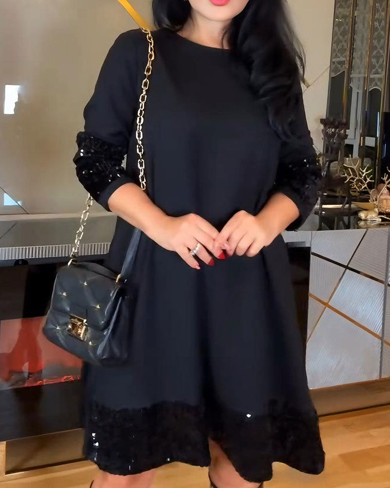 Long-Sleeve Crew Neck Sequin Loose Dress