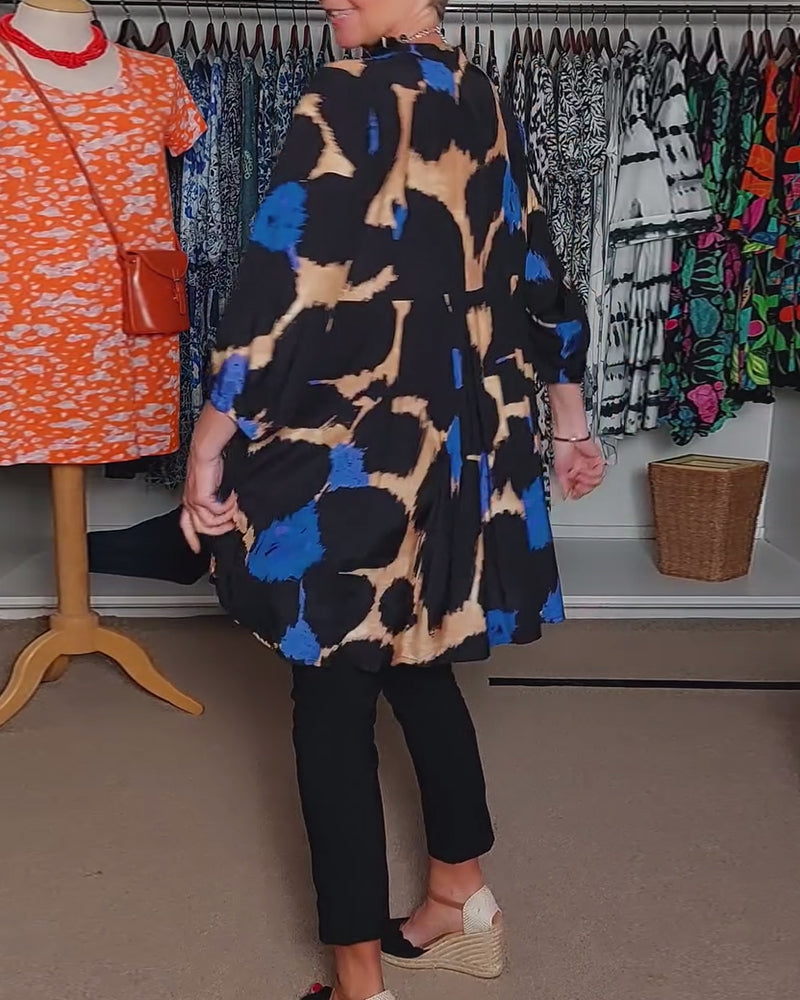 Contrast color print V-neck casual long-sleeve blouse