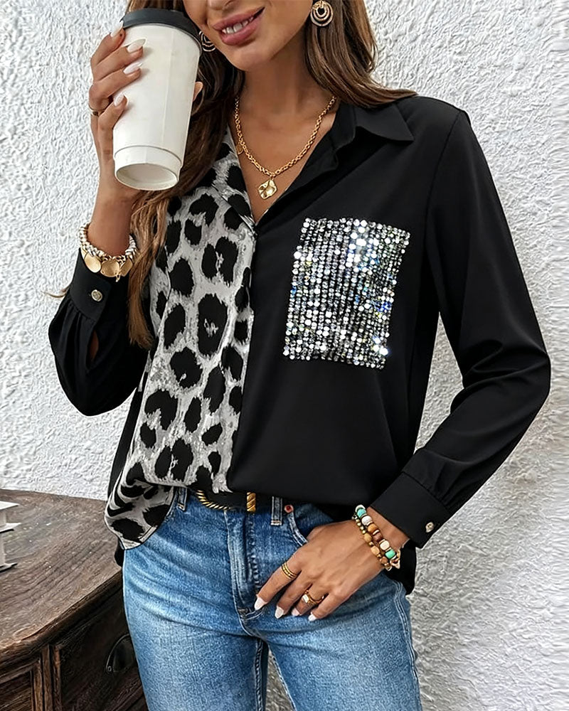Leopard Print Contrast Rhinestone Shirt