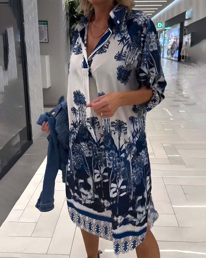 Casual botanical print lapel three-quarter sleeve dress