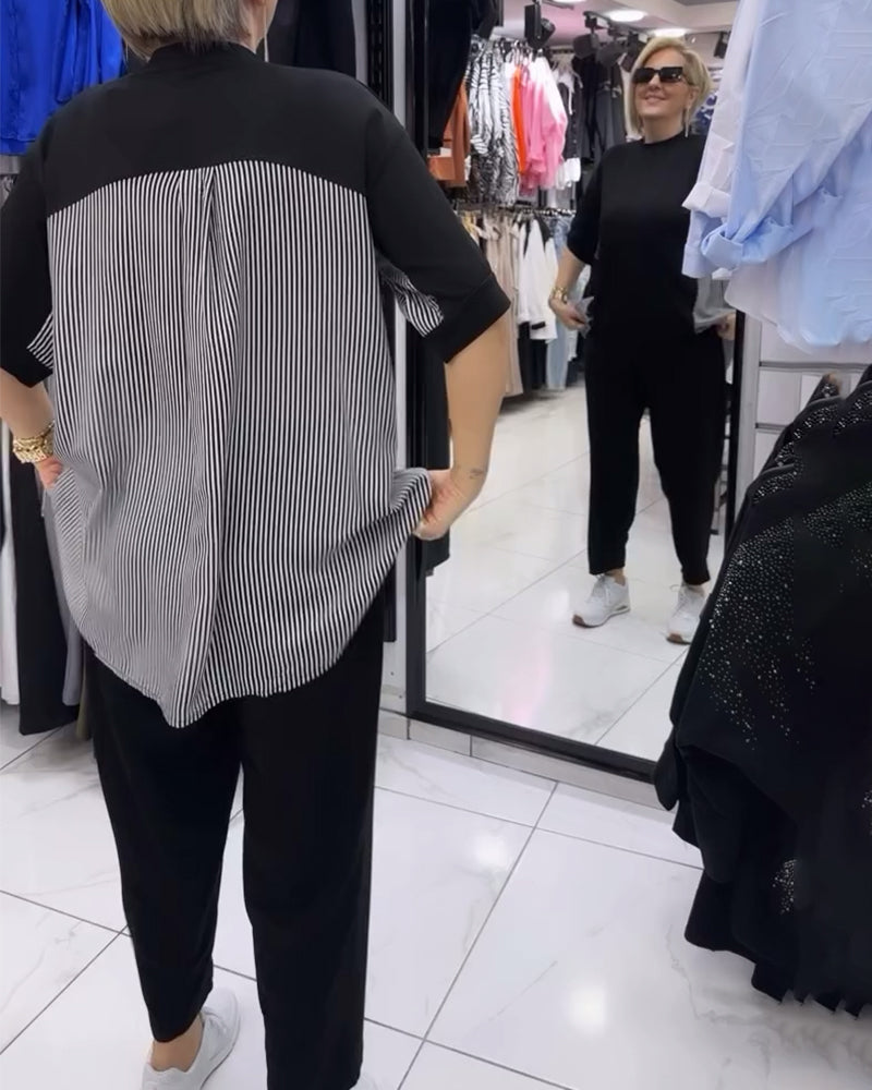 Pinstripe patchwork casual blouse