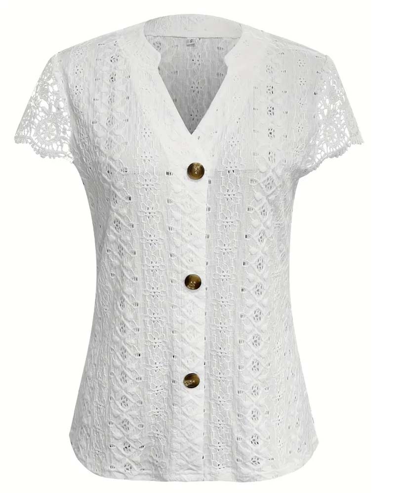 Solid Color Hollow Short-Sleeved Blouse