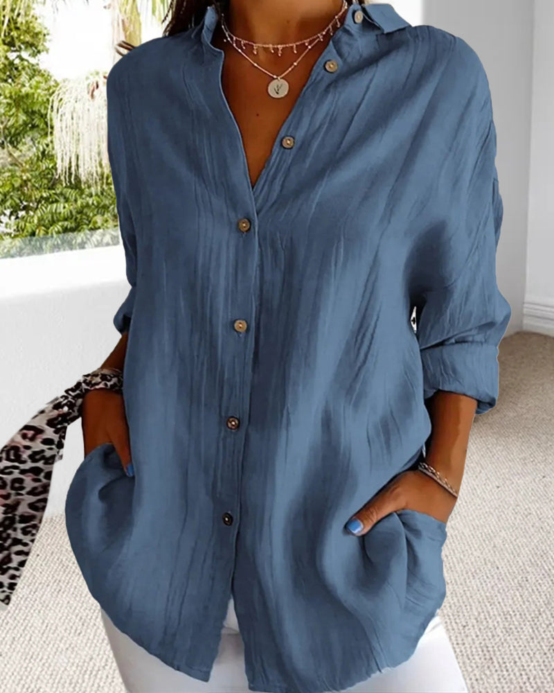 Casual solid color V-neck buttoned long-sleeve shirt