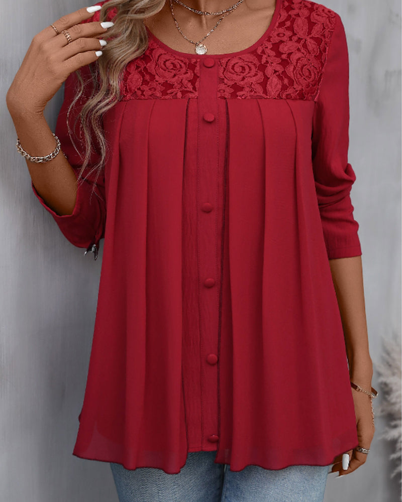 Elegant Button Lace Top with Round Neck
