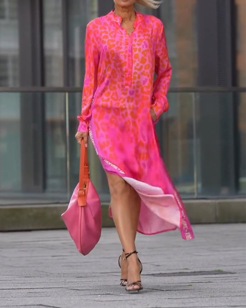 Long-Sleeved Leopard Print Slit Dress