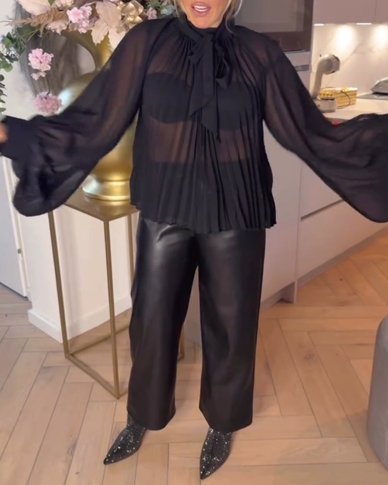 Solid Color Batwing Sleeve Ribbon Blouse