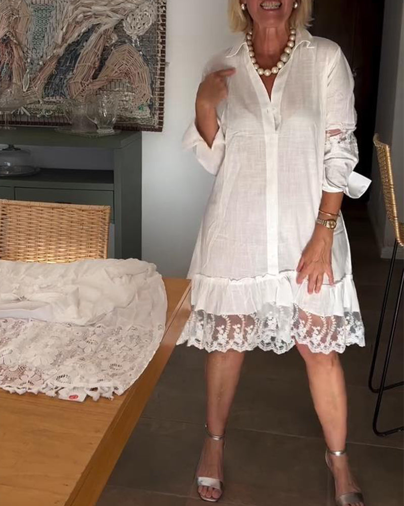 Lace-Trimmed Collared Shirt Dress