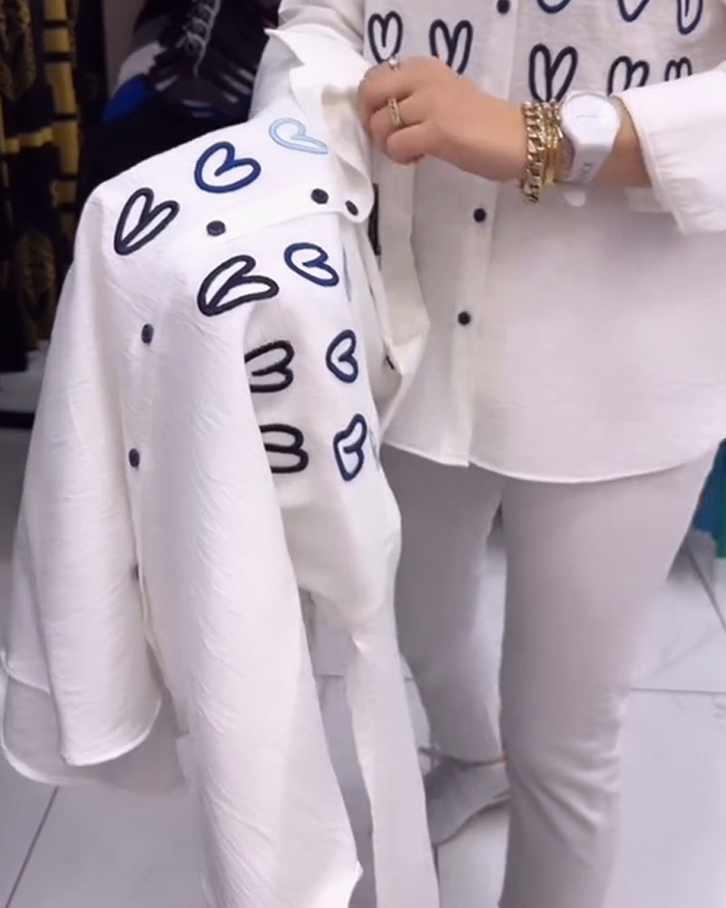 Heart print simple button shirt