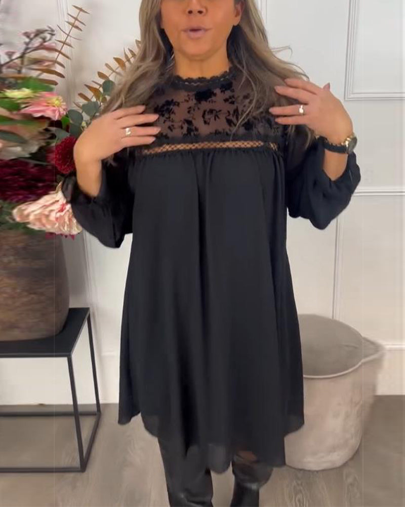 Lace Cutout Puff-Sleeve Elegant Dress