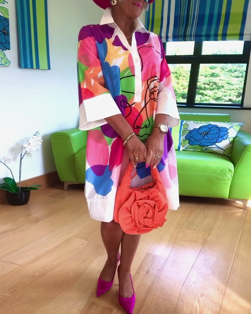 Lapel color portrait print dress