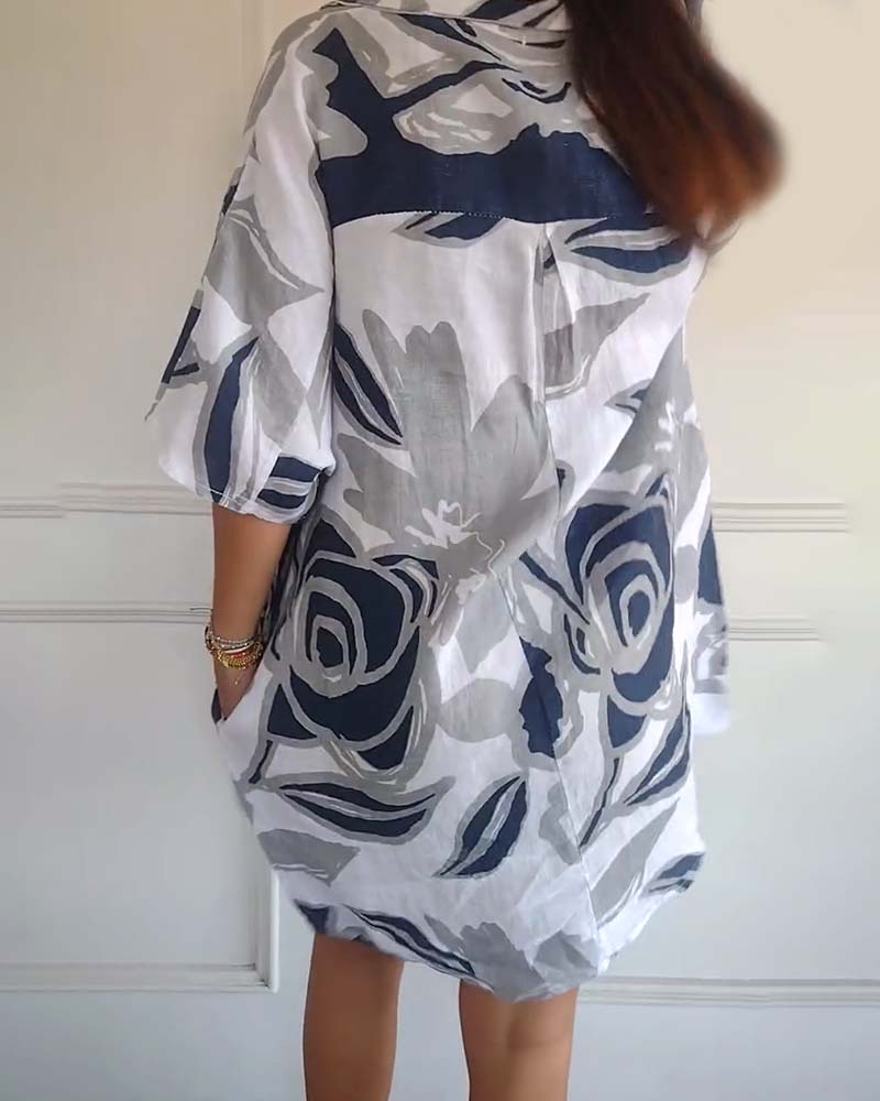 Floral print lapel pocket dress