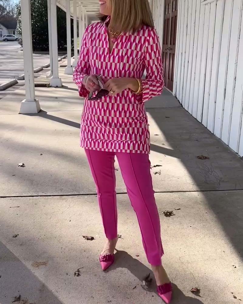 Printed stand collar nine-quarter sleeve top