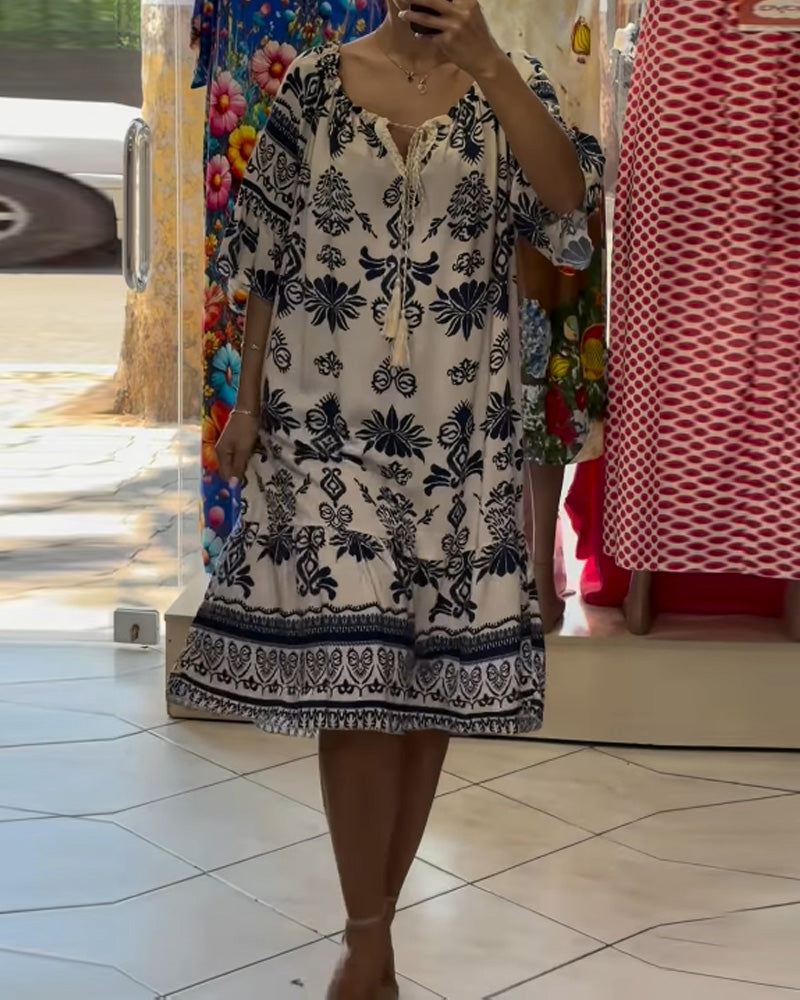 Round Neck Printed Trumpet Short Sleeve Dress