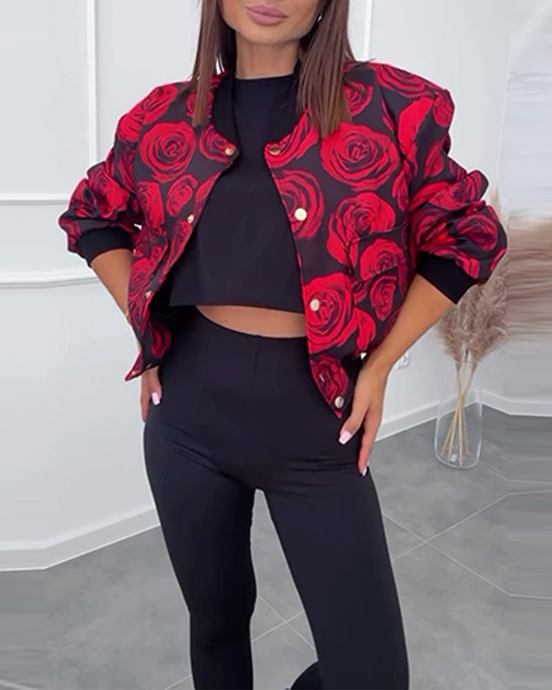 Rose print button casual jacket