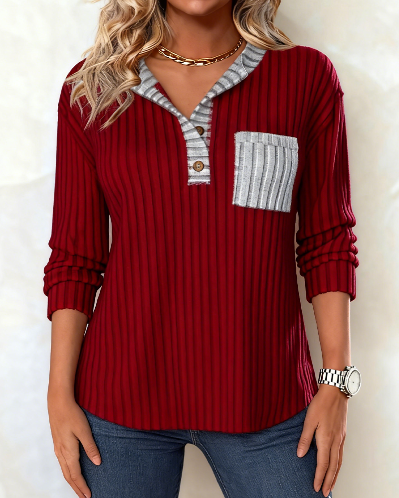 Button-Down Collar Color-Blocked Ribbed Sweatshirt