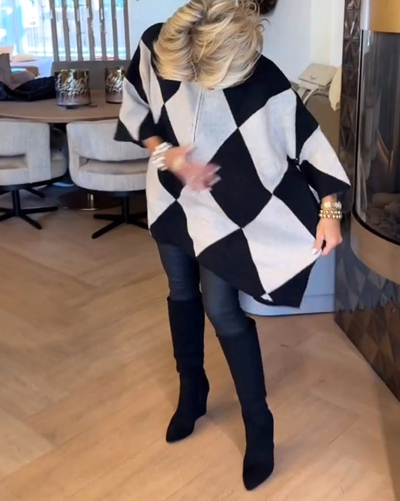 Stand-Up Collar Argyle Irregular Pullover