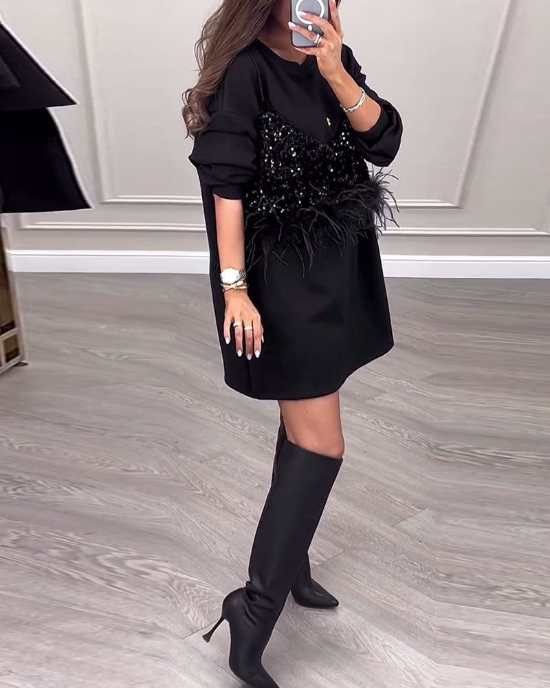 Fashion solid color sequin feather patchwork dress