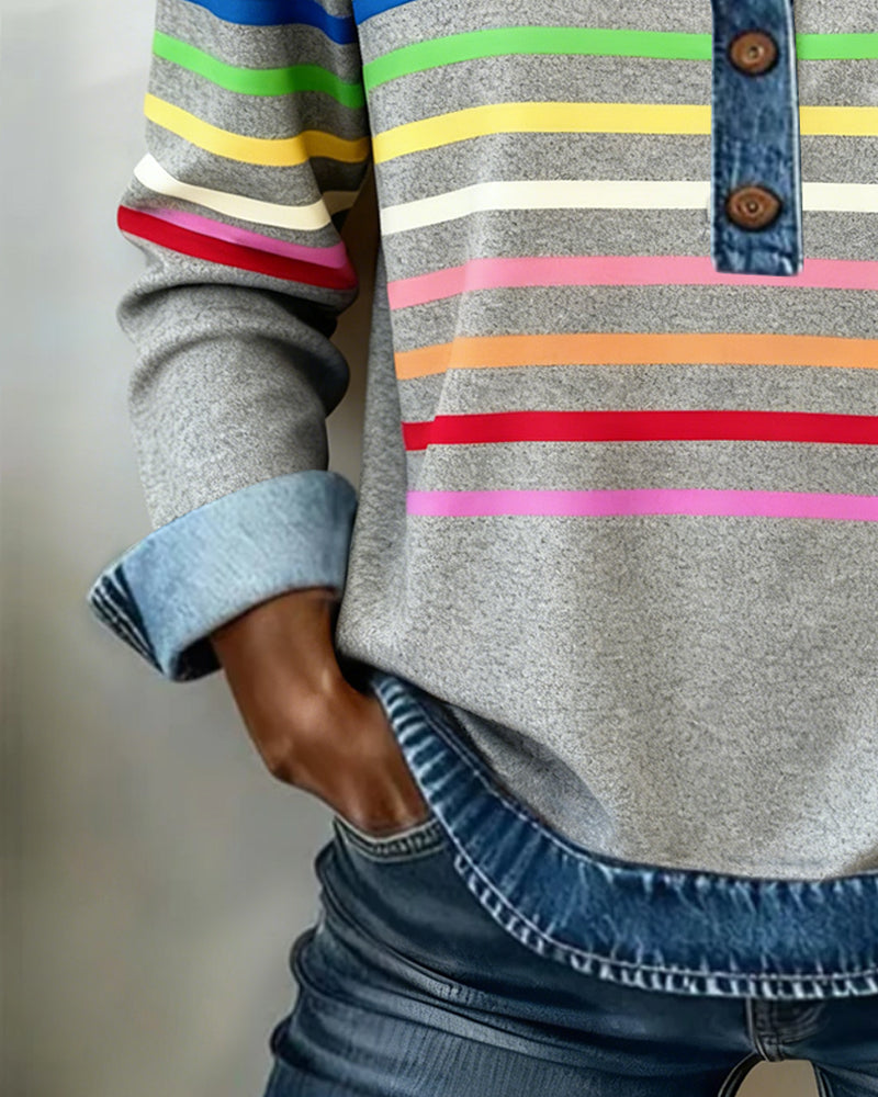 Rainbow Striped Patchwork Denim Sweatshirt