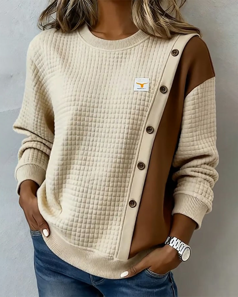 Long-Sleeved Waffle Color-Blocked Sweatshirt