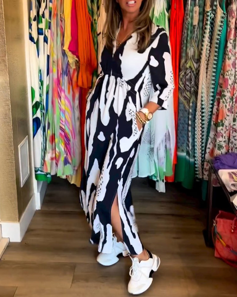 Slit V Neck Long Sleeve Dress