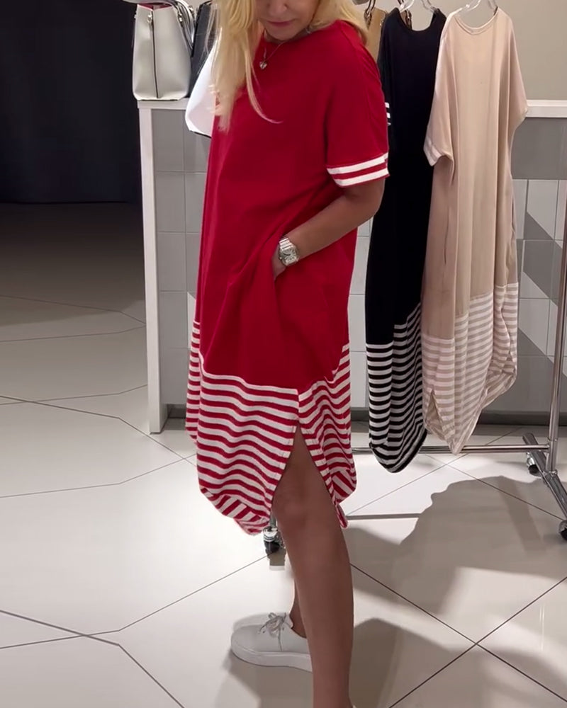 Contrast Stripe Short Sleeve Casual Dress