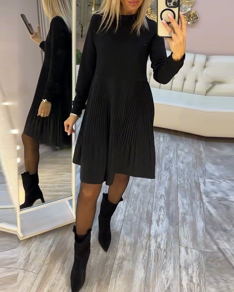 Long-Sleeved Rhinestone Pleated Dress