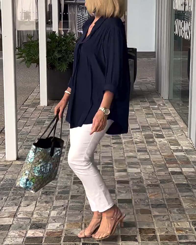 Lapel solid color loose blouse