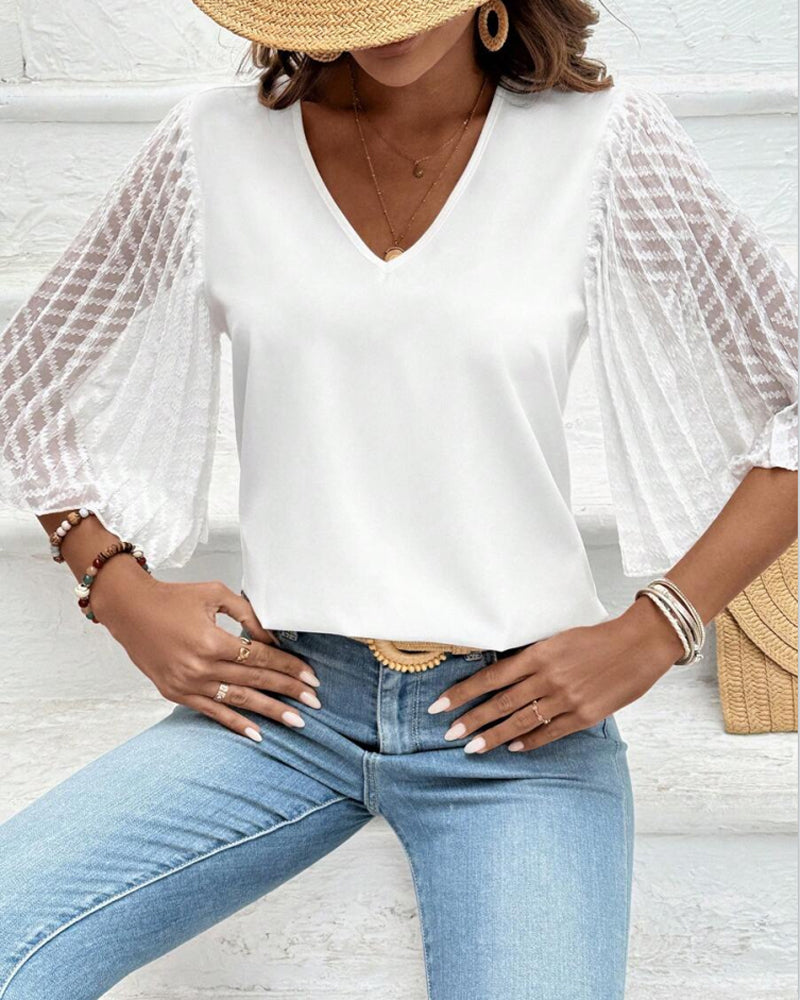 Solid Color V-Neck Loose Blouse