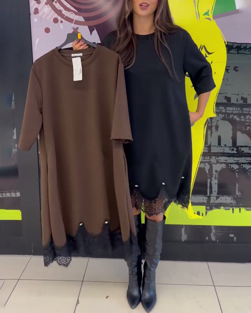 Elegant Lace Spliced Round Neck Dress