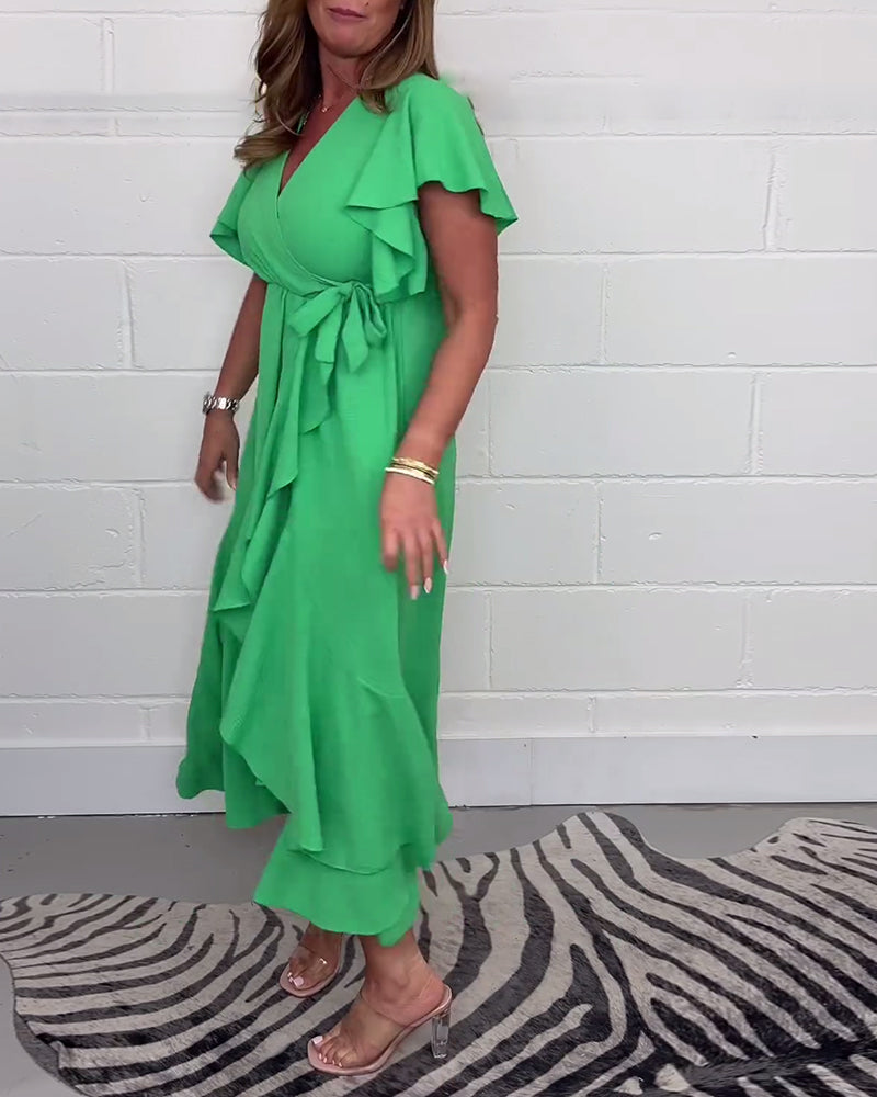 Ruffled solid color slit elegant dress