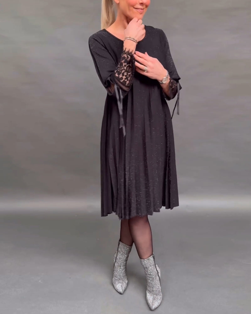 Patchwork lace pleated solid color dress