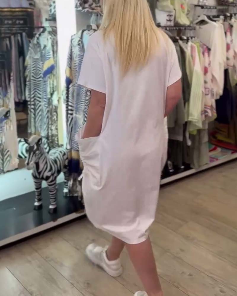 Loose Short Sleeve Printed Big Pocket Dress